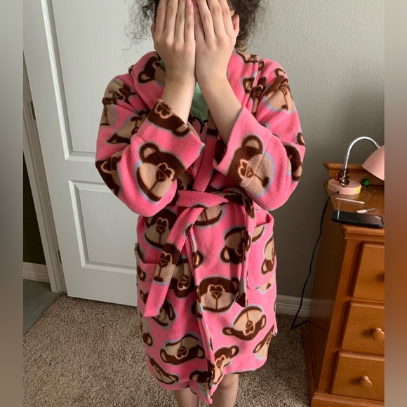Vintage Y2K Pink flannel Robe with monkeys size small - Picture 5 of 8
